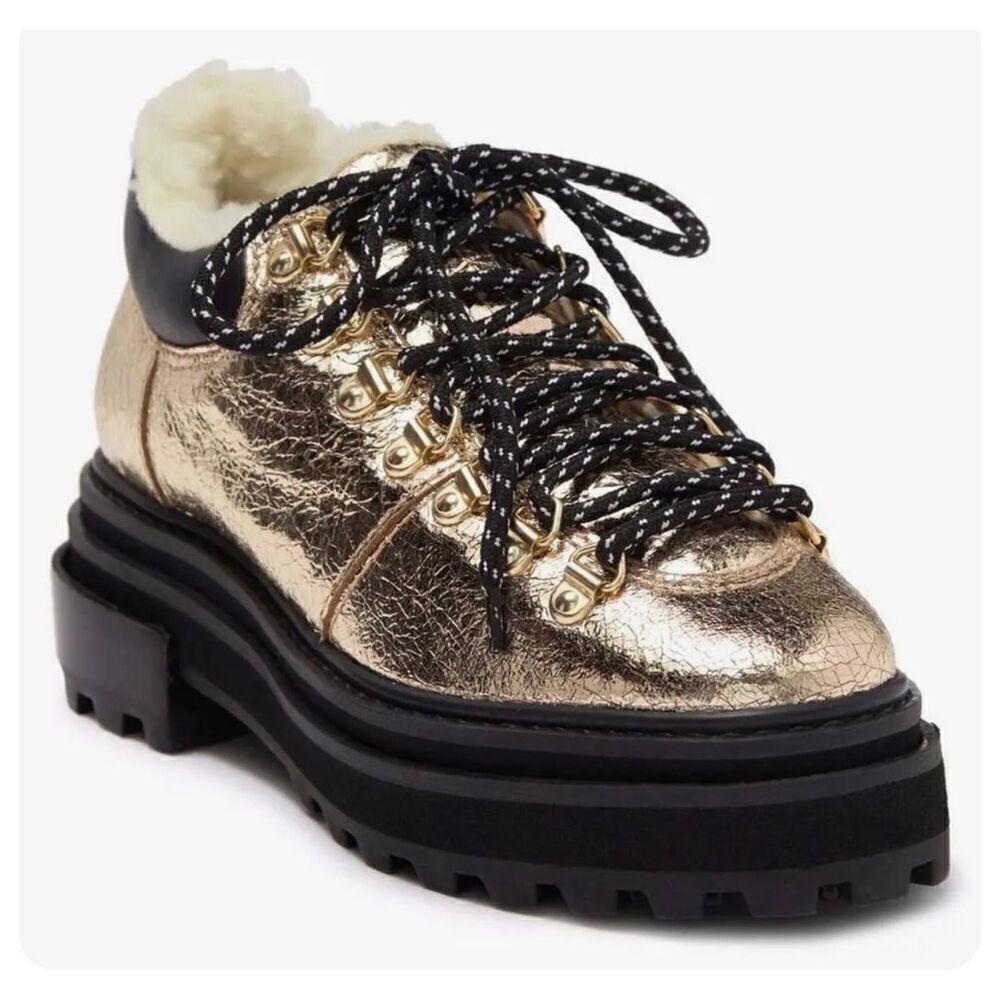 SCHUTZ Shoes Womens Size‎ 5B Boots Shearling Lace Up Hiker Booties Gold Leather